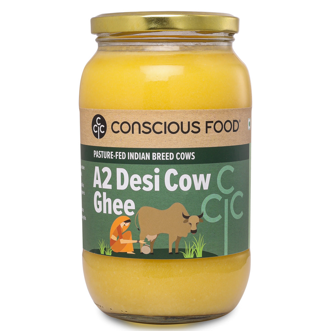 A2 Desi Cow Ghee from Conscious Food, a brand known for its commitment to pasture-fed Indian breed cows.