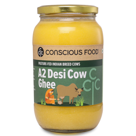 A2 Desi Cow Ghee from Conscious Food, a brand known for its commitment to pasture-fed Indian breed cows.