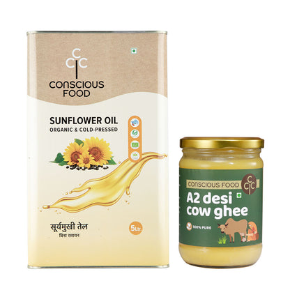 Pack of Sunflower Oil - 5L & A2 Desi Cow Ghee - 500ml